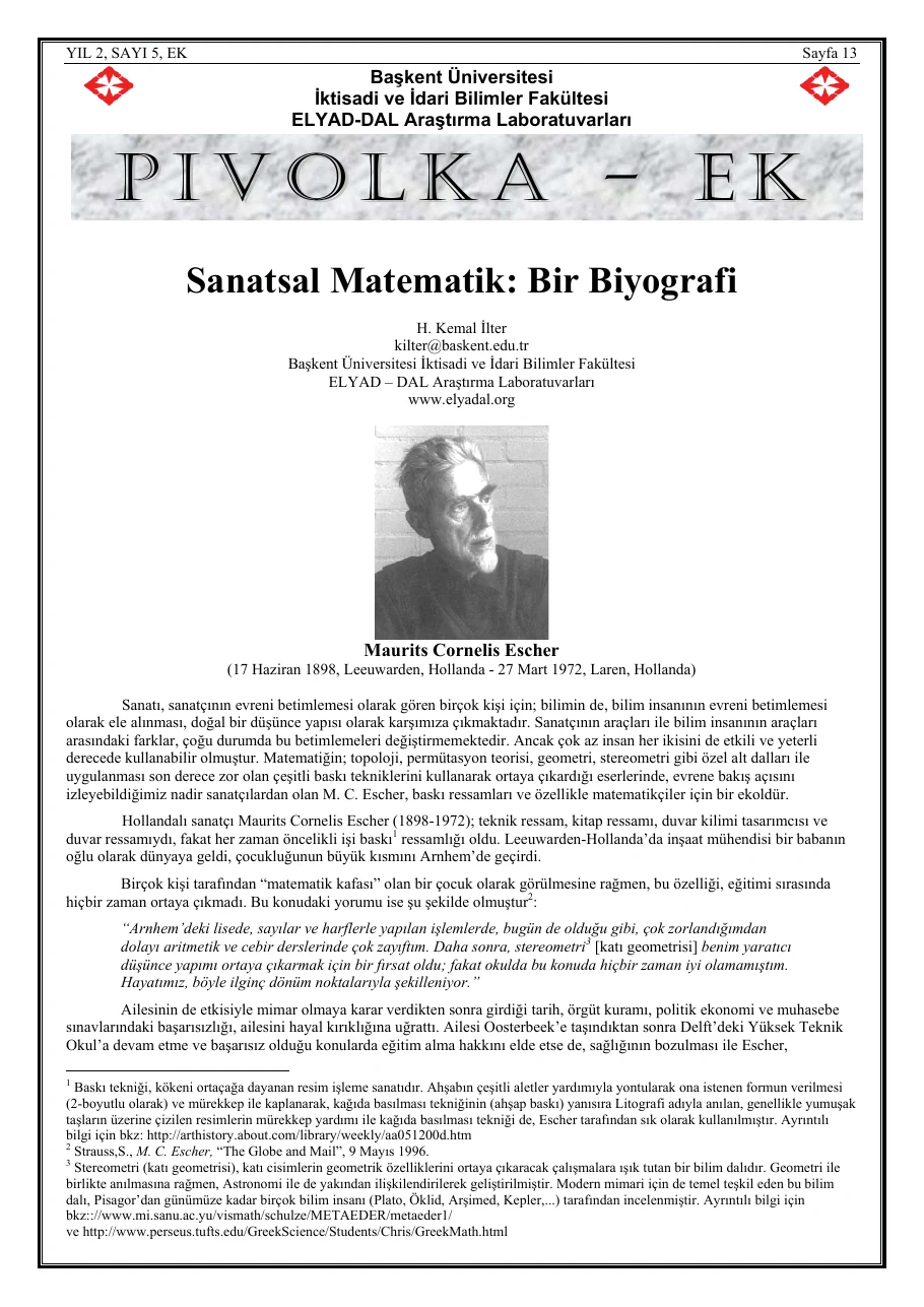 H. Kemal İlter · Sanatsal Matematik: Bir Biyografi · PiVOLKA 05 supplement · March 2003